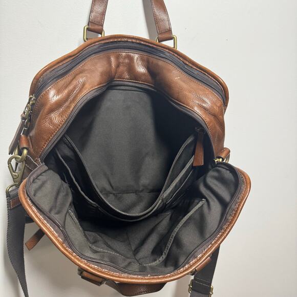 Fossil Briefcase Genuine Smooth Cognac Brown Leather Pocket Zip Office Career - Picture 6 of 11